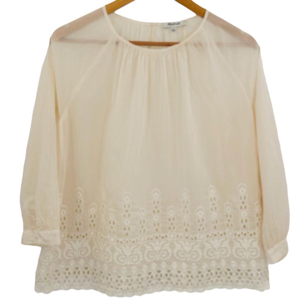 Madewell cream off white silk blend eyelet trim detail shirred top size medium